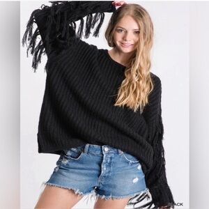 Blue B Collection Black Sweater‎ with Fringe Sleeves S/M